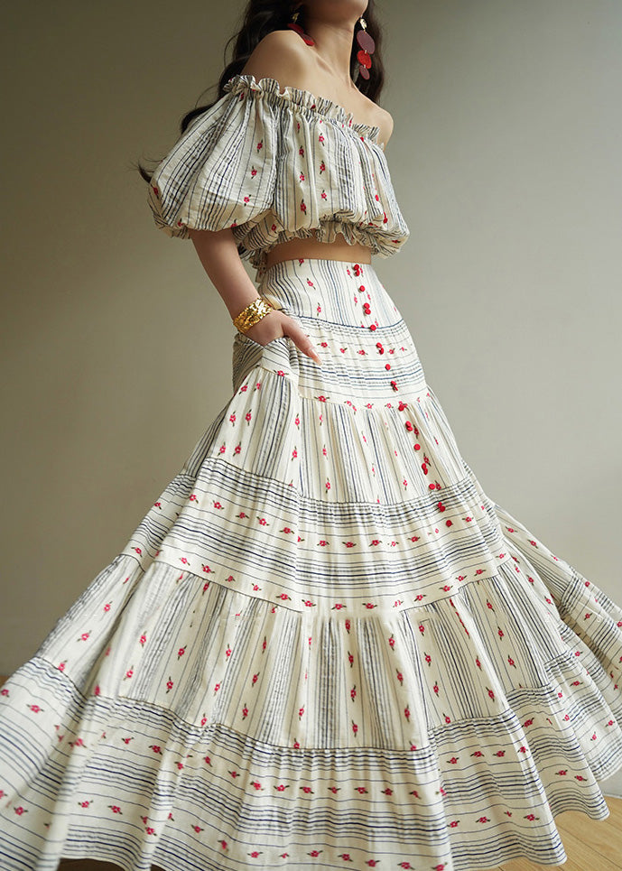 Striped Ruffled Print Tops And Skirts Cotton Two Pieces Set Summer