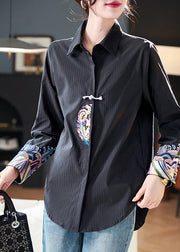 Striped White Peter Pan Collar Embroidered Cotton Blouses Fall