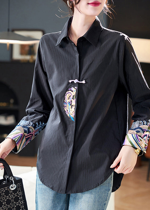 Striped White Peter Pan Collar Embroidered Cotton Blouses Fall