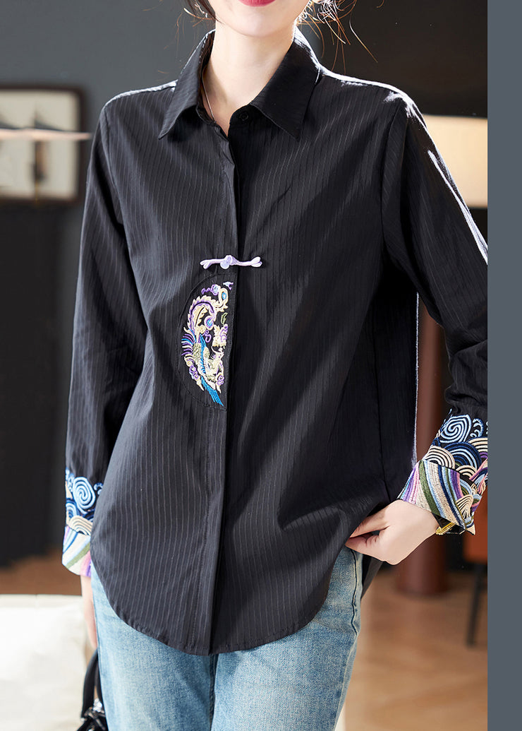 Striped White Peter Pan Collar Embroidered Cotton Blouses Fall