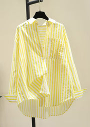 Striped Yellow Peter Pan Collar Button Cotton Shirt Fall