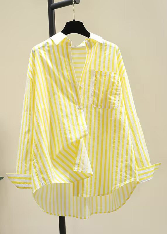 Striped Yellow Peter Pan Collar Button Cotton Shirt Fall