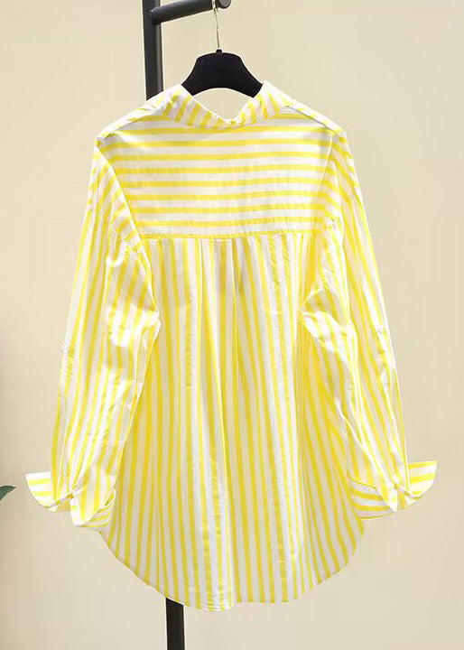 Striped Yellow Peter Pan Collar Button Cotton Shirt Fall