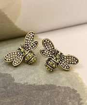 Style Ancient Gold Zircon Pearl Little Bee Stud Earrings