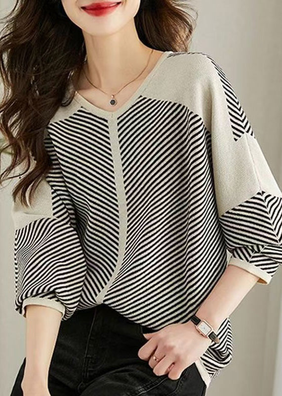 Style Apricot Oversized Striped Knit Shirts Fall