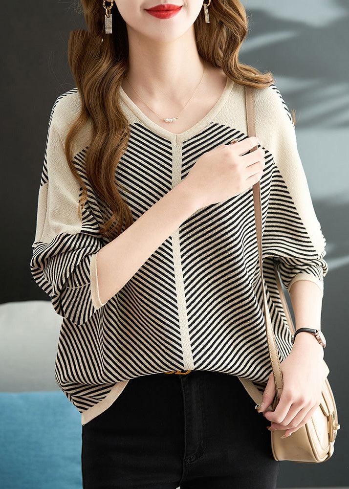 Style Apricot Oversized Striped Knit Shirts Fall