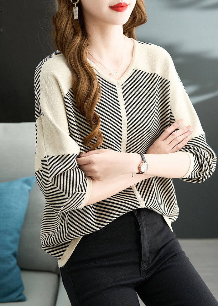 Style Apricot Oversized Striped Knit Shirts Fall