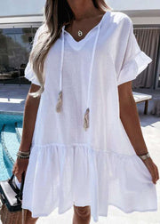 Style Baby Blue V Neck Patchwork Vacation Mid Dresses Summer