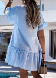 Style Baby Blue V Neck Patchwork Vacation Mid Dresses Summer