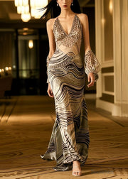 Style Backless Print Silk Halter Dresses Summer