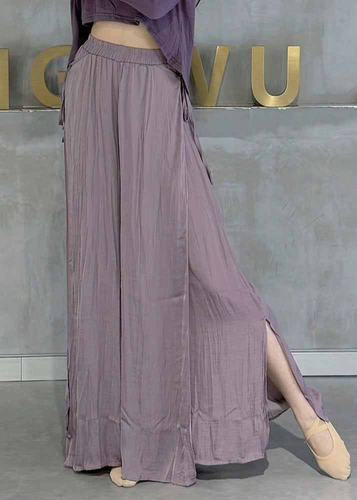 Style Beige Elastic Waist Side Open Cotton Wide Leg Pants Skirt Spring