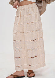 Style Beige Embroidered Hollow Out Side Open Cotton Skirts Summer