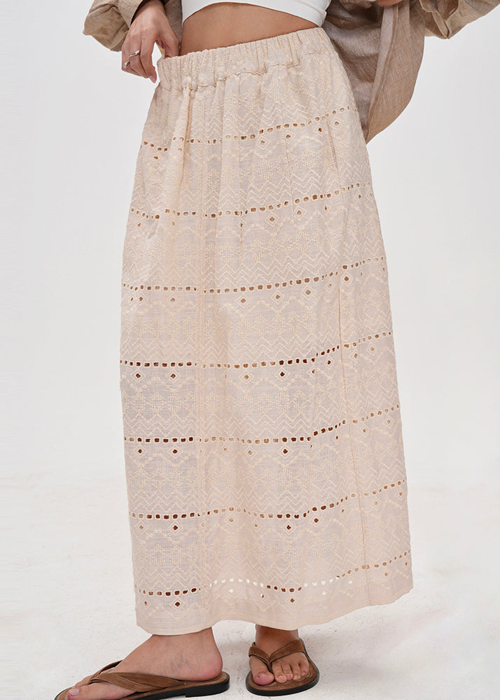 Style Beige Embroidered Hollow Out Side Open Cotton Skirts Summer