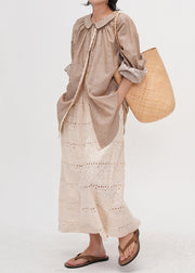 Style Beige Embroidered Hollow Out Side Open Cotton Skirts Summer