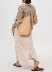 Style Beige Embroidered Hollow Out Side Open Cotton Skirts Summer