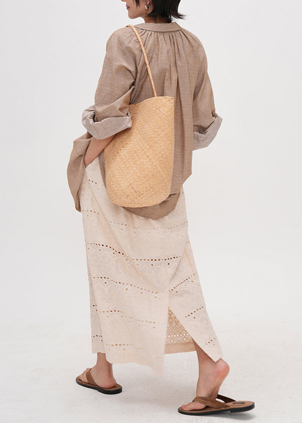 Style Beige Embroidered Hollow Out Side Open Cotton Skirts Summer