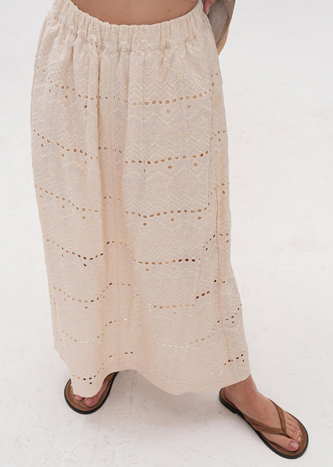 Style Beige Embroidered Hollow Out Side Open Cotton Skirts Summer
