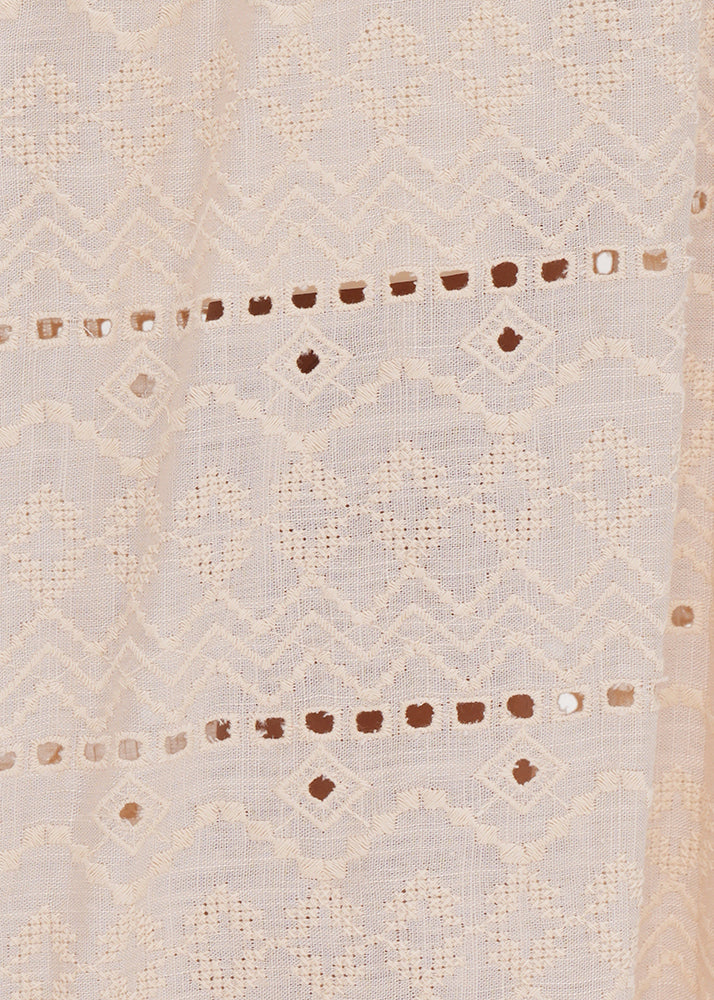 Style Beige Embroidered Hollow Out Side Open Cotton Skirts Summer