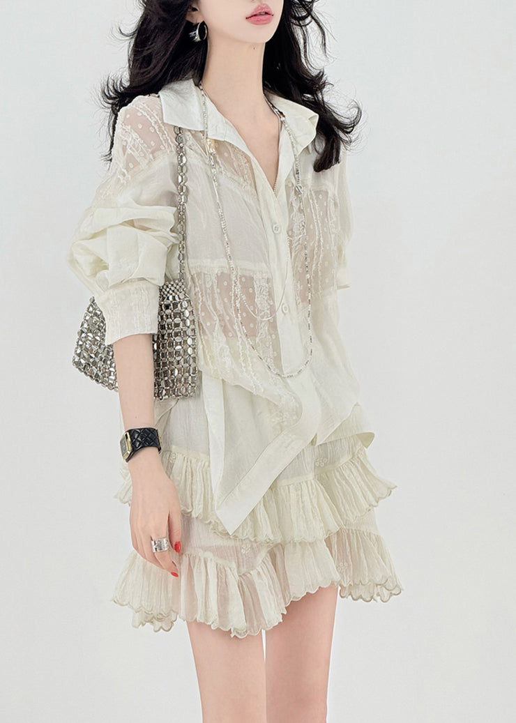 Style Beige Oversized Patchwork Tulle Shirt Tops Spring