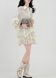 Style Beige Oversized Patchwork Tulle Shirt Tops Spring