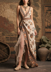Style Beige Print Side Open Chiffon Beach Dress Summer