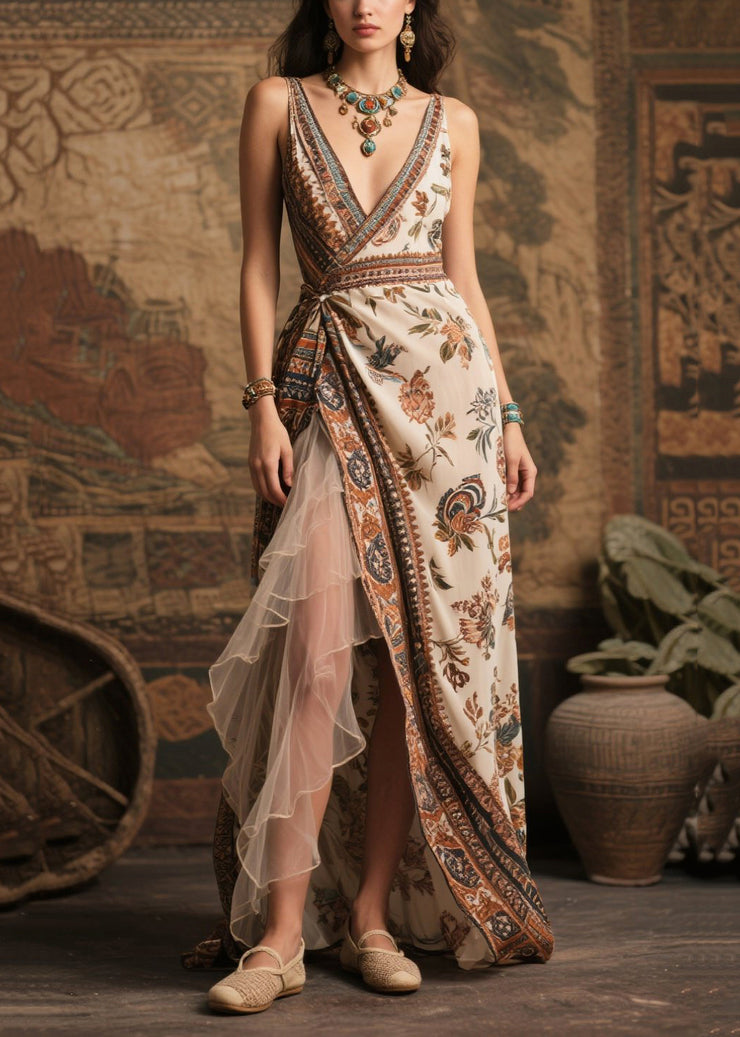 Style Beige Print Side Open Chiffon Beach Dress Summer