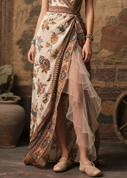Style Beige Print Side Open Chiffon Beach Dress Summer