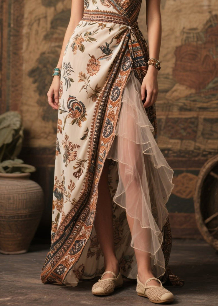 Style Beige Print Side Open Chiffon Beach Dress Summer