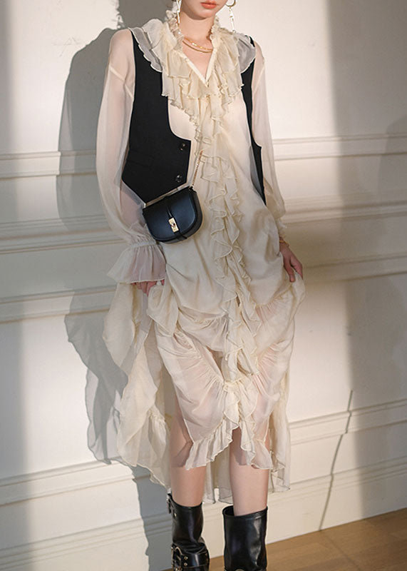 Style Beige Ruffled Patchwork Chiffon Dress Long Sleeve
