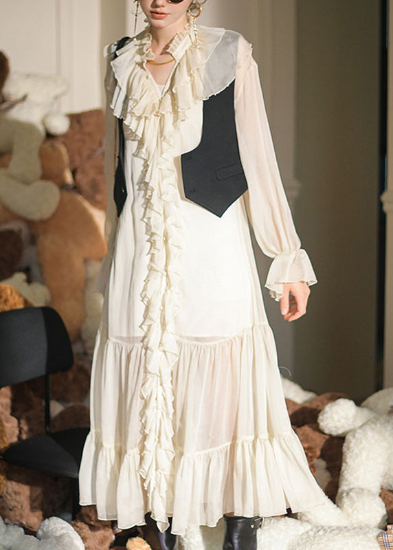 Style Beige Ruffled Patchwork Chiffon Dress Long Sleeve