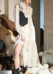 Style Beige Ruffled Patchwork Chiffon Dress Long Sleeve