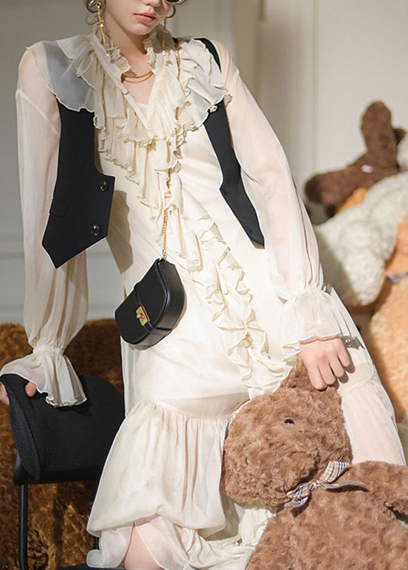 Style Beige Ruffled Patchwork Chiffon Dress Long Sleeve