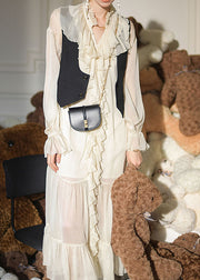 Style Beige Ruffled Patchwork Chiffon Dress Long Sleeve