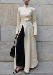 Style Beige Stand Collar Side Open Patchwork Cotton Dress Fall