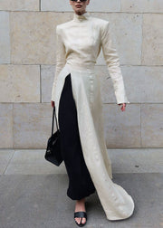 Style Beige Stand Collar Side Open Patchwork Cotton Dress Fall