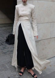 Style Beige Stand Collar Side Open Patchwork Cotton Dress Fall