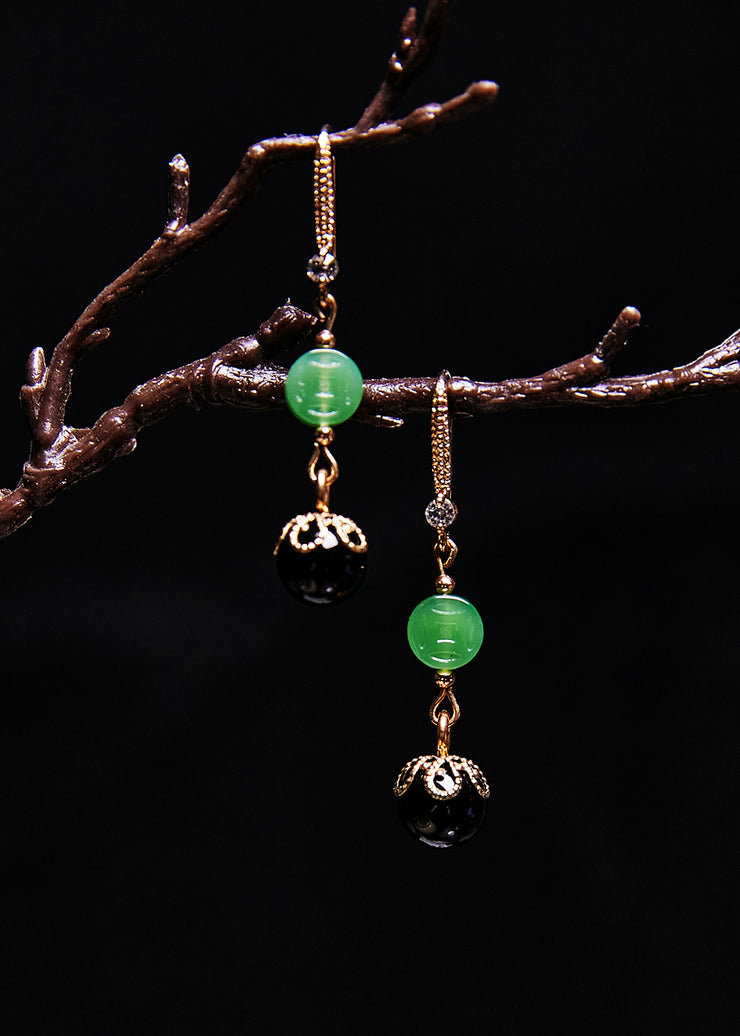 Style Black Agate Tassels Jade Drop Earrings