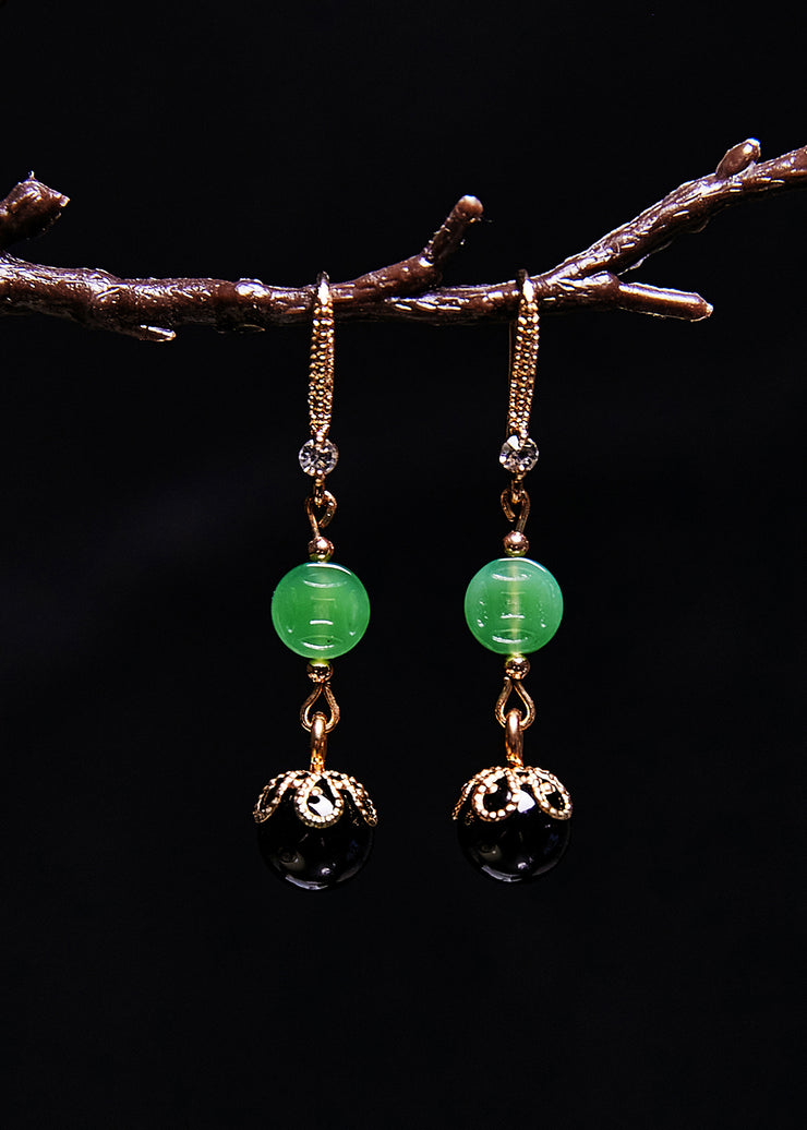 Style Black Agate Tassels Jade Drop Earrings