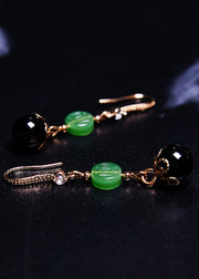Style Black Agate Tassels Jade Drop Earrings