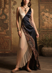 Style Black Asymmetrical Patchwork Wrinkled Silk Vestidos Dress Summer