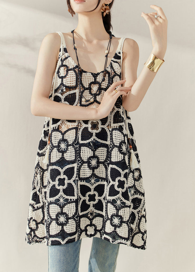 Style Black Embroidered Floral Hollow Out Mid Spaghetti Strap Dress Summer