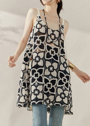 Style Black Embroidered Floral Hollow Out Mid Spaghetti Strap Dress Summer