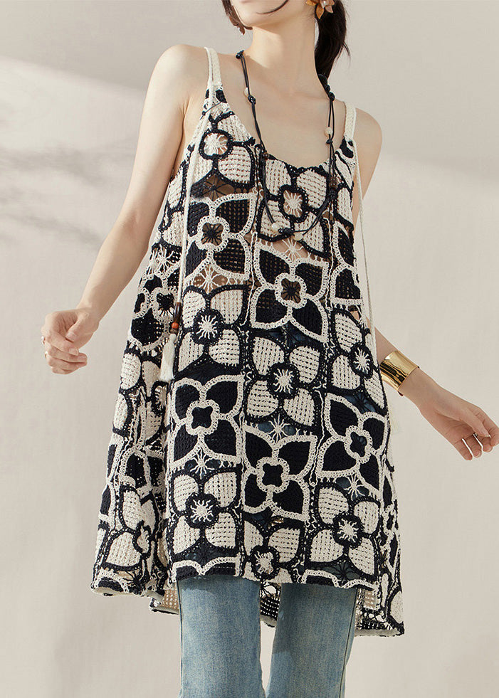 Style Black Embroidered Floral Hollow Out Mid Spaghetti Strap Dress Summer