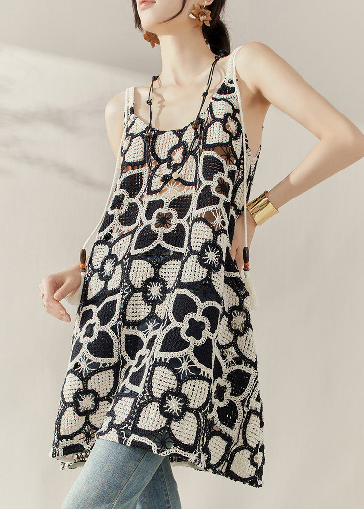 Style Black Embroidered Floral Hollow Out Mid Spaghetti Strap Dress Summer
