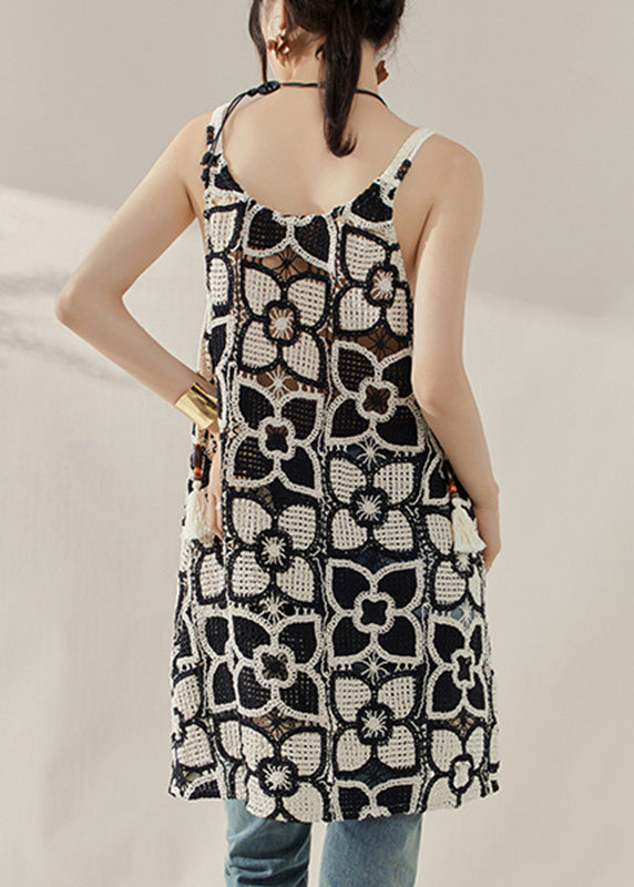 Style Black Embroidered Floral Hollow Out Mid Spaghetti Strap Dress Summer
