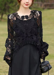 Style Black Embroidered Hollow Out Tasseled Top Fall