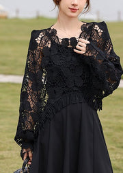 Style Black Embroidered Hollow Out Tasseled Top Fall