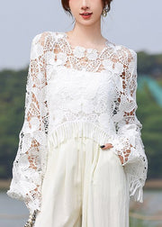 Style Black Embroidered Hollow Out Tasseled Top Fall