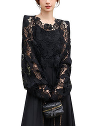 Style Black Embroidered Hollow Out Tasseled Top Fall