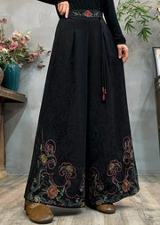 Style Black Embroidered Tasseled Warm Fleece Wide Leg Pants Winter